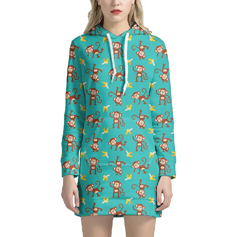 Banana And Monkey Pattern Print Pullover Hoodie Dress