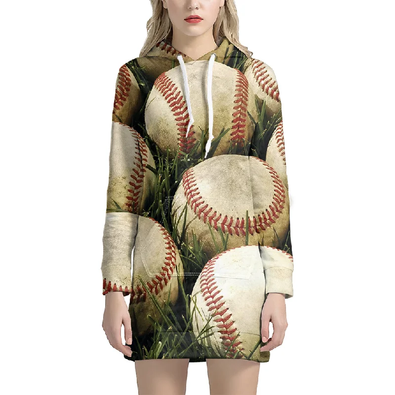 Baseballs On Field Print Pullover Hoodie Dress