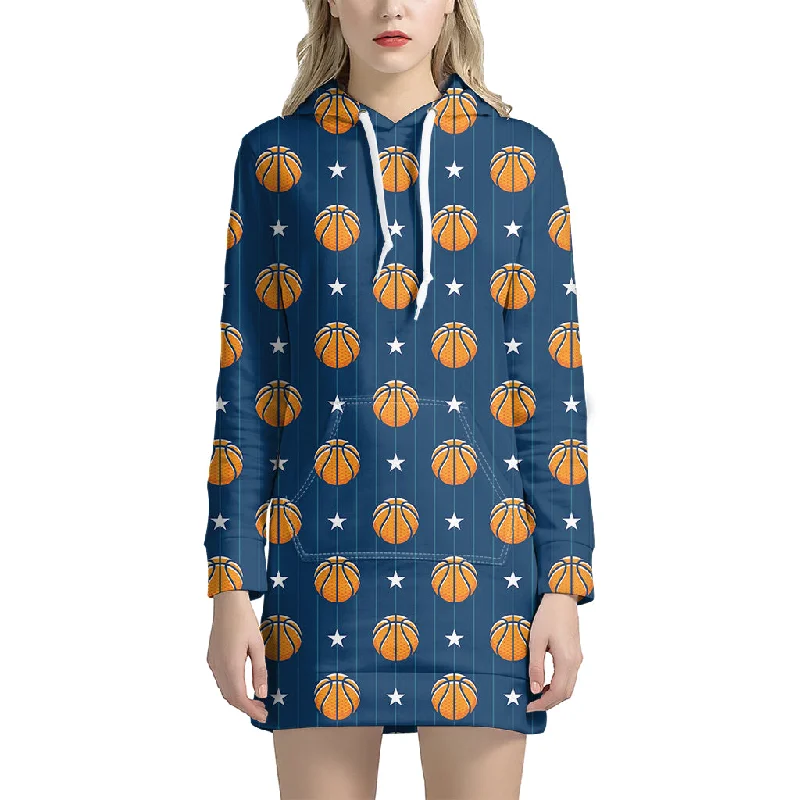 Basketball And Star Pattern Print Pullover Hoodie Dress