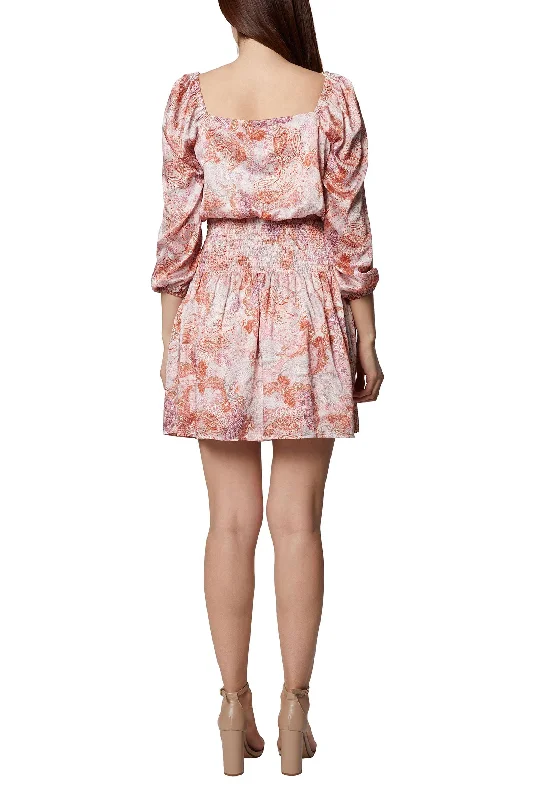 Square Neck 3/4 Sleeve Elastic Waist Paisley Print Satin Dress