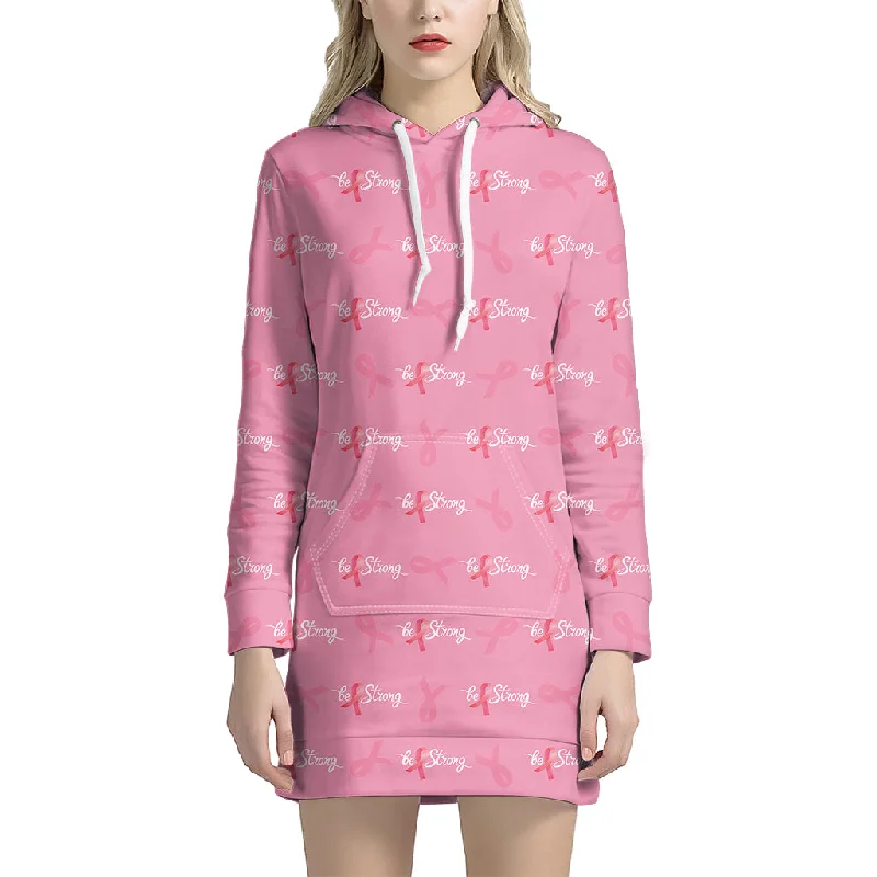 Be Strong Breast Cancer Pattern Print Pullover Hoodie Dress