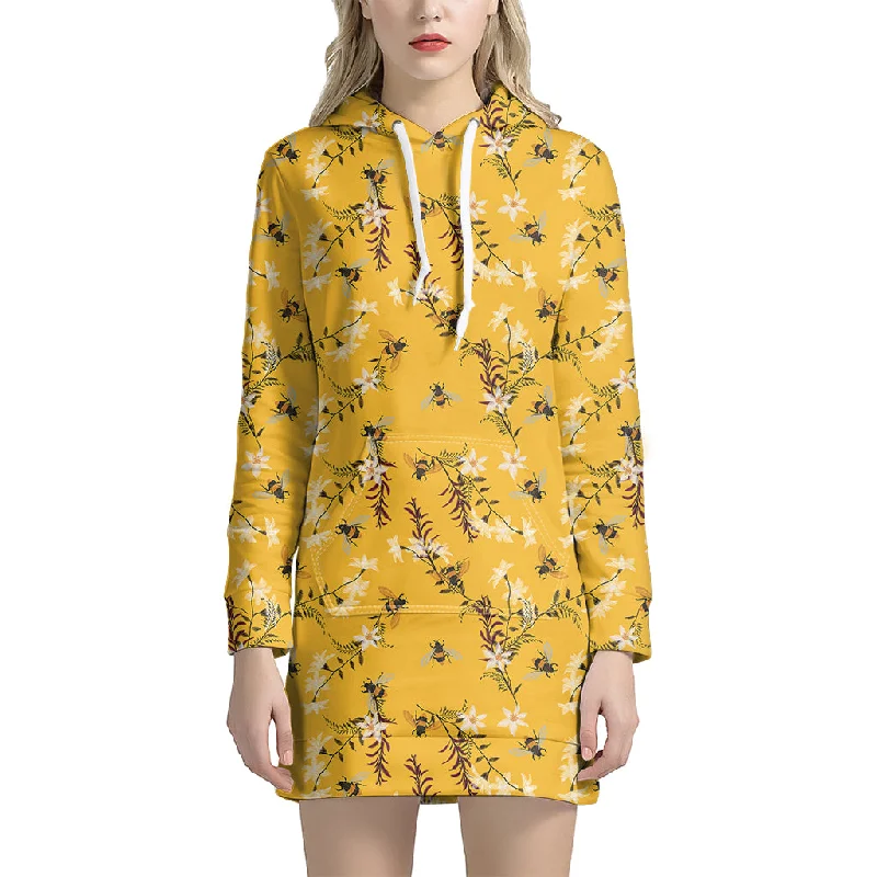 Bee Drawing Pattern Print Pullover Hoodie Dress