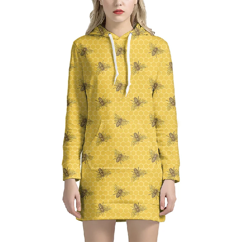 Bee Honeycomb Pattern Print Pullover Hoodie Dress