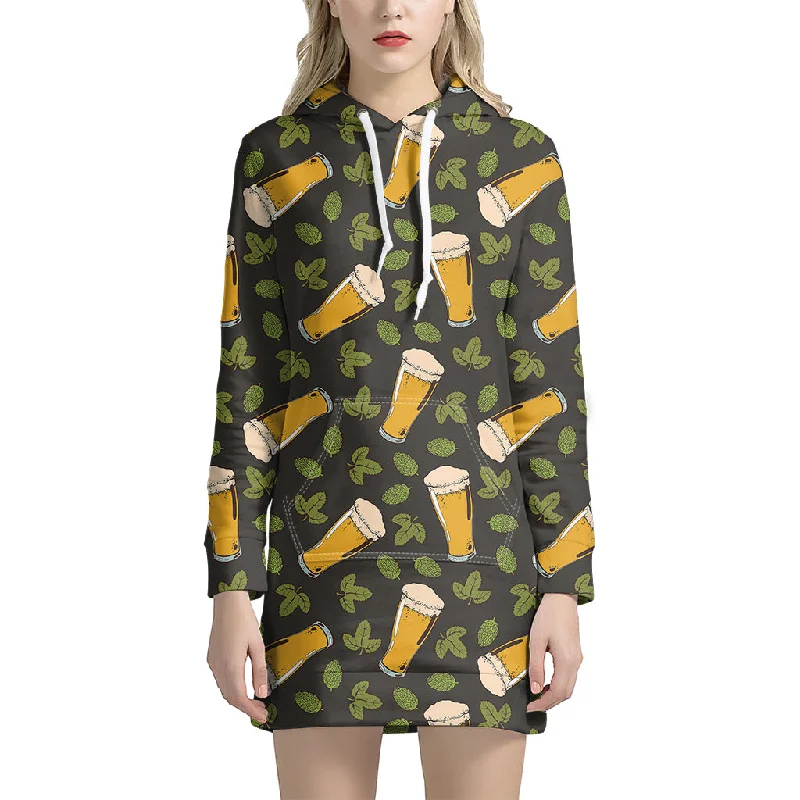 Beer Hop Cone And Leaf Pattern Print Pullover Hoodie Dress