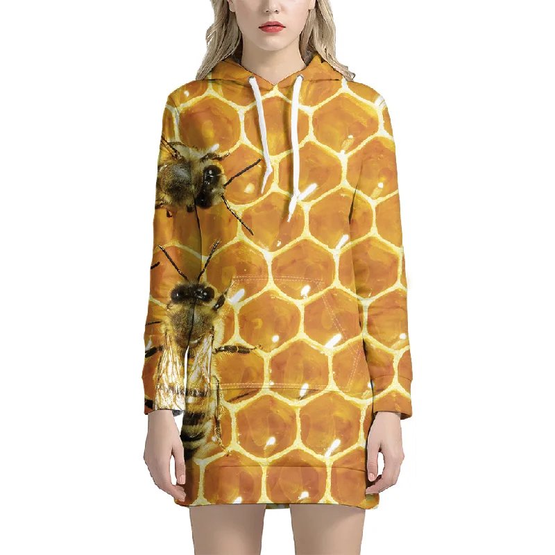 Bees And Honeycomb Print Pullover Hoodie Dress