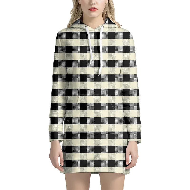 Beige And Black Buffalo Check Print Pullover Hoodie Dress