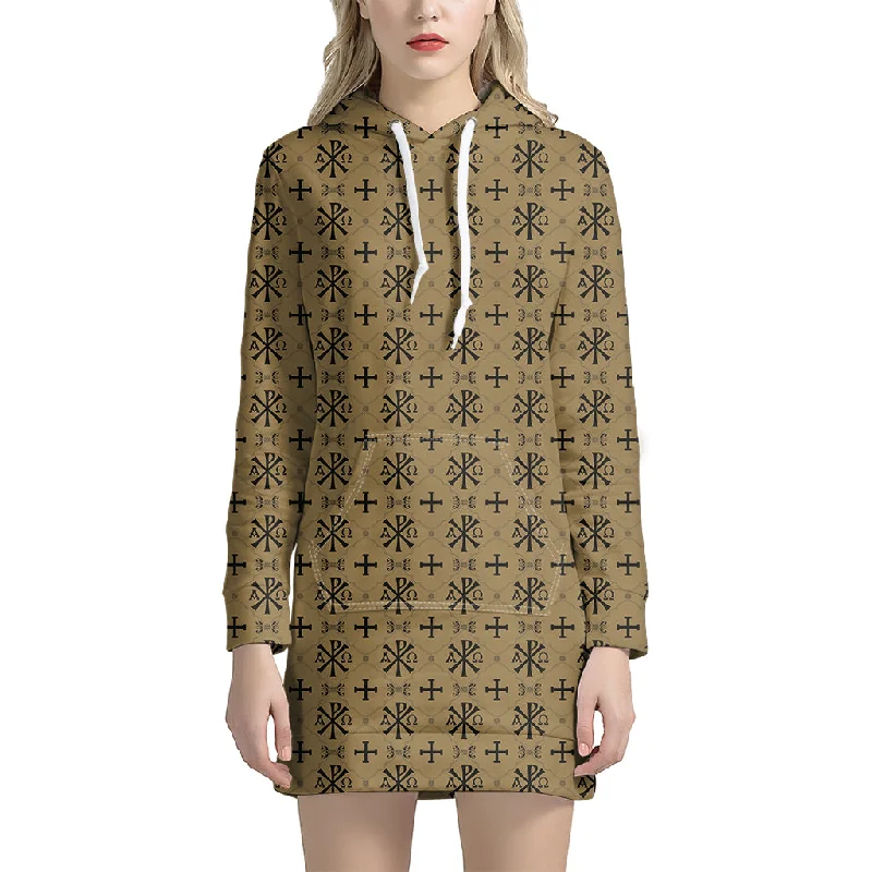 Beige And Black Orthodox Pattern Print Pullover Hoodie Dress
