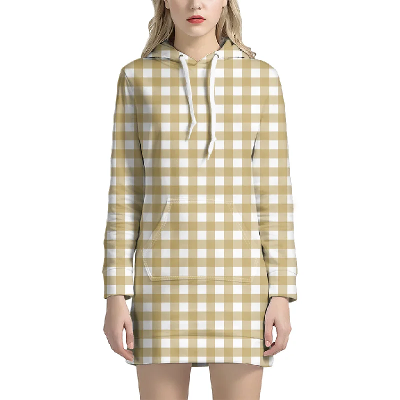 Beige And White Check Pattern Print Pullover Hoodie Dress