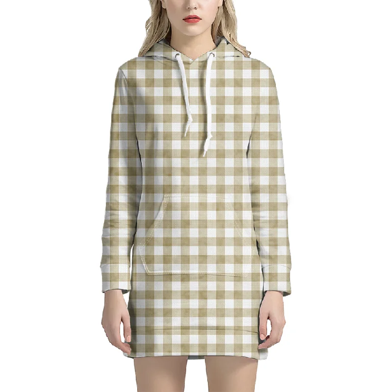 Beige And White Gingham Pattern Print Pullover Hoodie Dress