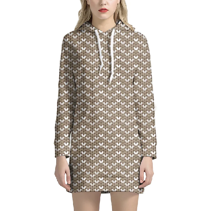 Beige And White Knitted Pattern Print Pullover Hoodie Dress