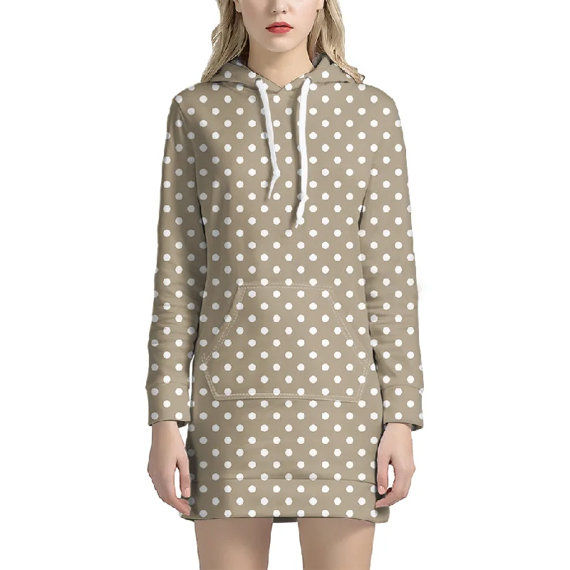 Beige And White Polka Dot Pattern Print Pullover Hoodie Dress