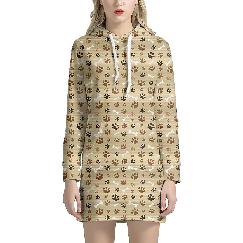 Beige Paw And Bone Pattern Print Pullover Hoodie Dress