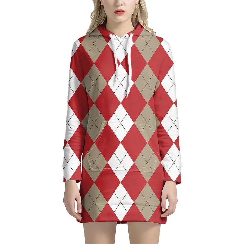 Beige Red And White Argyle Pattern Print Pullover Hoodie Dress