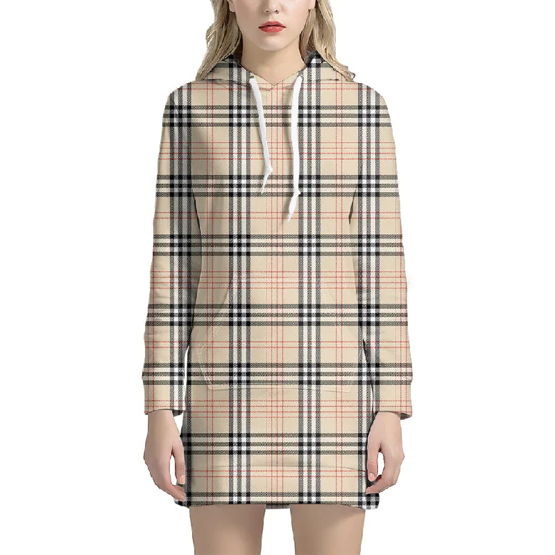 Beige Tartan Pattern Print Pullover Hoodie Dress