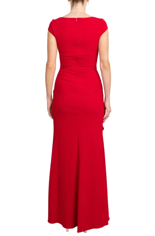 Asymmetrical Neck Cap Sleeve Flutter Side Slit Side Zipper Back Solid Scuba Dress