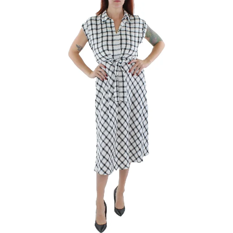 Womens Crepe Checkered Fit & Flare Dress
