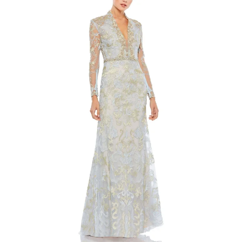 Womens Embellished Illusion Evening Dress