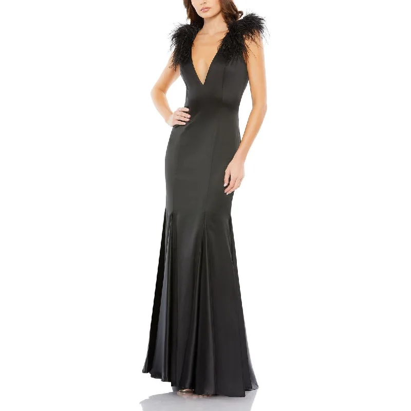 Womens Satin Feathers Evening Dress