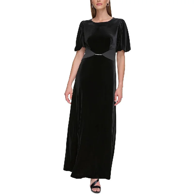 Womens Velvet Puff Sleeve Evening Dress
