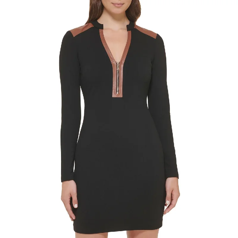 Womens Ponte Faux Leather Trim Sheath Dress