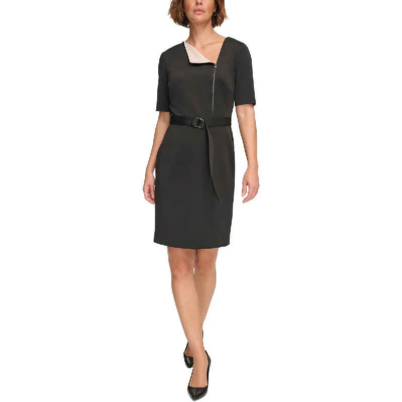 Womens Scuba Asymmetric Neck Sheath Dress