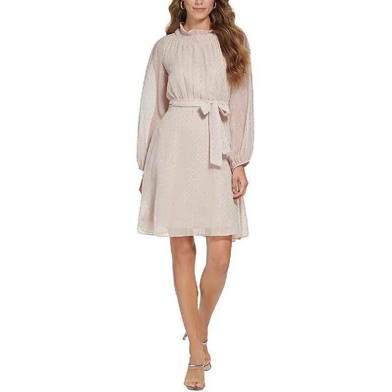 Womens Metallic Ruffled Neck Fit & Flare Dress