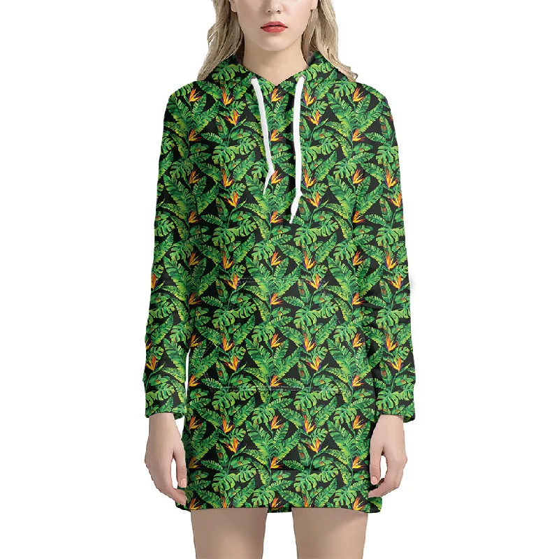 Bird Of Paradise And Palm Leaves Print Pullover Hoodie Dress