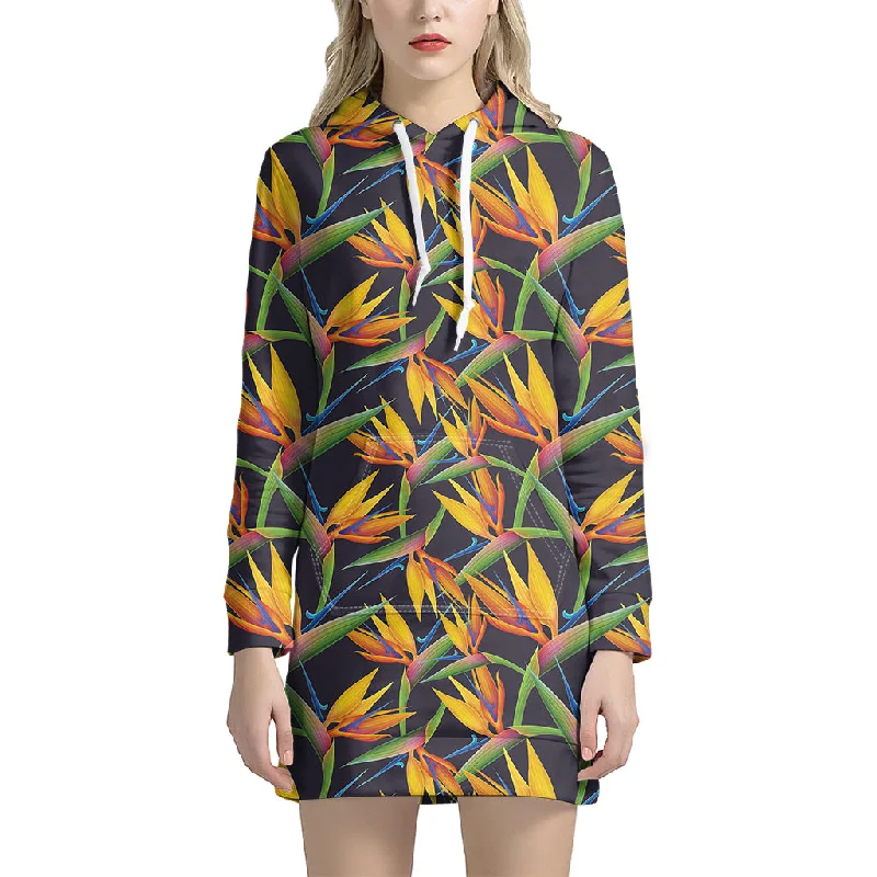 Bird Of Paradise Flower Pattern Print Pullover Hoodie Dress