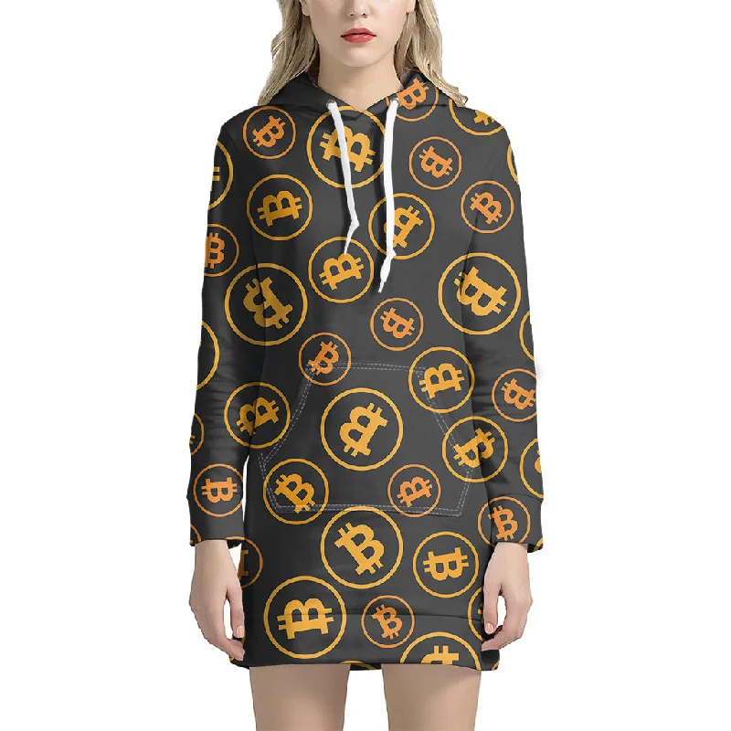 Bitcoin Cryptocurrency Pattern Print Pullover Hoodie Dress