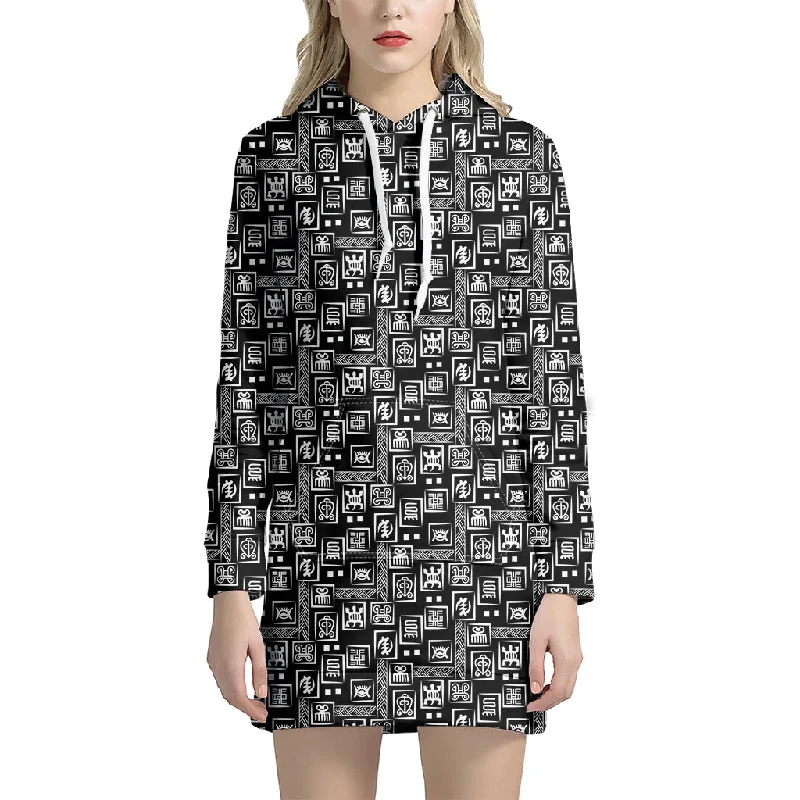 Black Adinkra Symbols Pattern Print Pullover Hoodie Dress