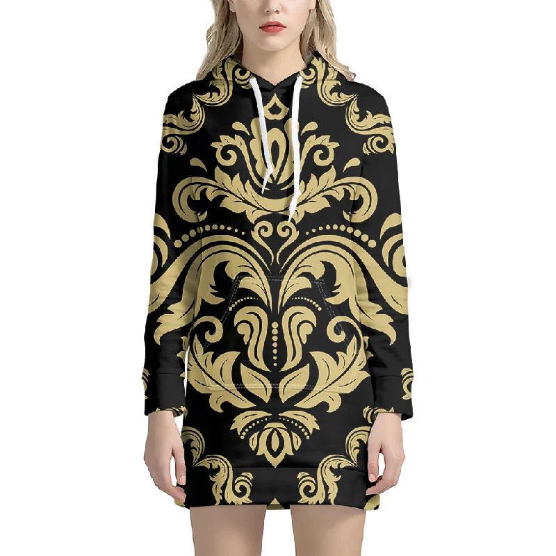 Black And Beige Damask Pattern Print Pullover Hoodie Dress