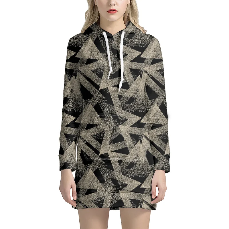 Black And Beige Geometric Triangle Print Pullover Hoodie Dress