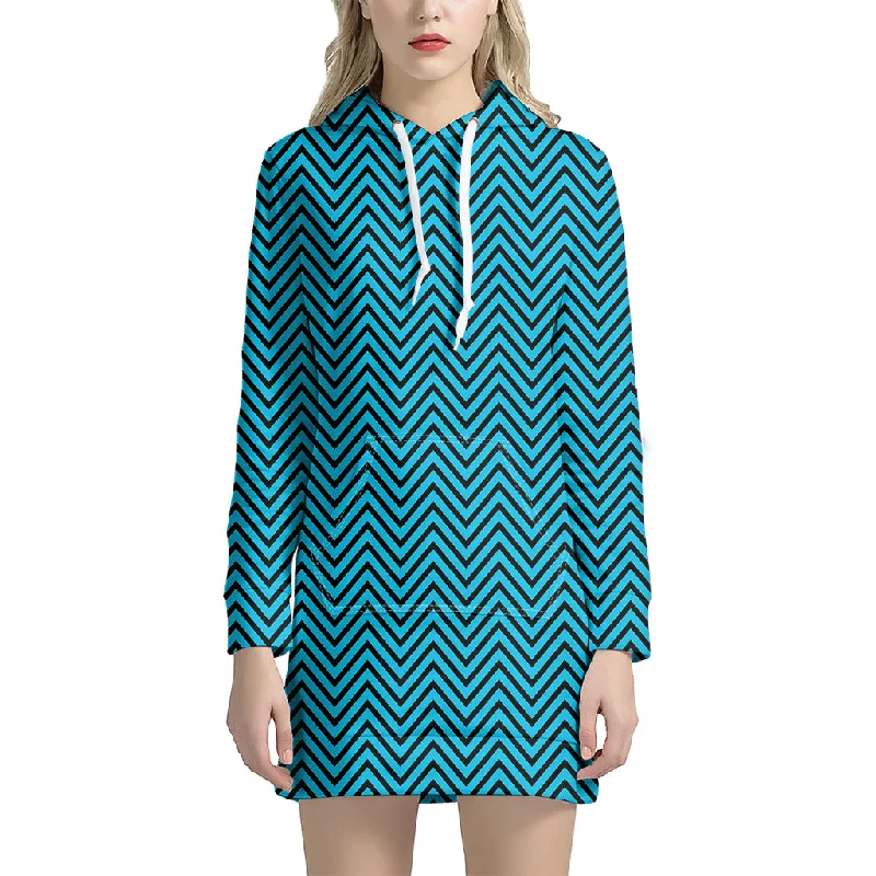 Black And Blue Chevron Pattern Print Pullover Hoodie Dress