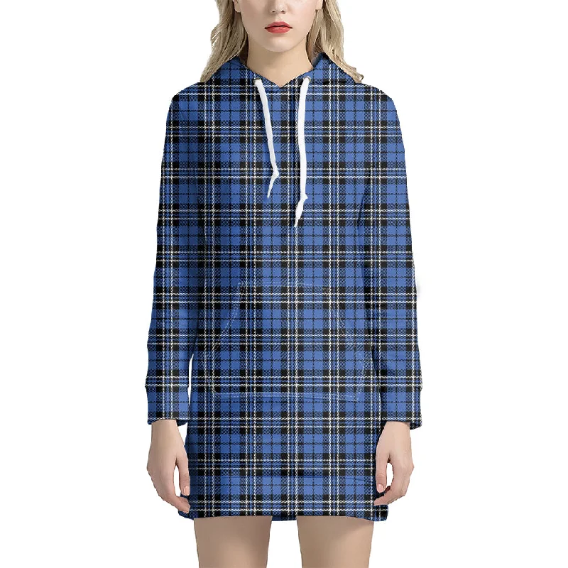 Black And Blue Tartan Pattern Print Pullover Hoodie Dress