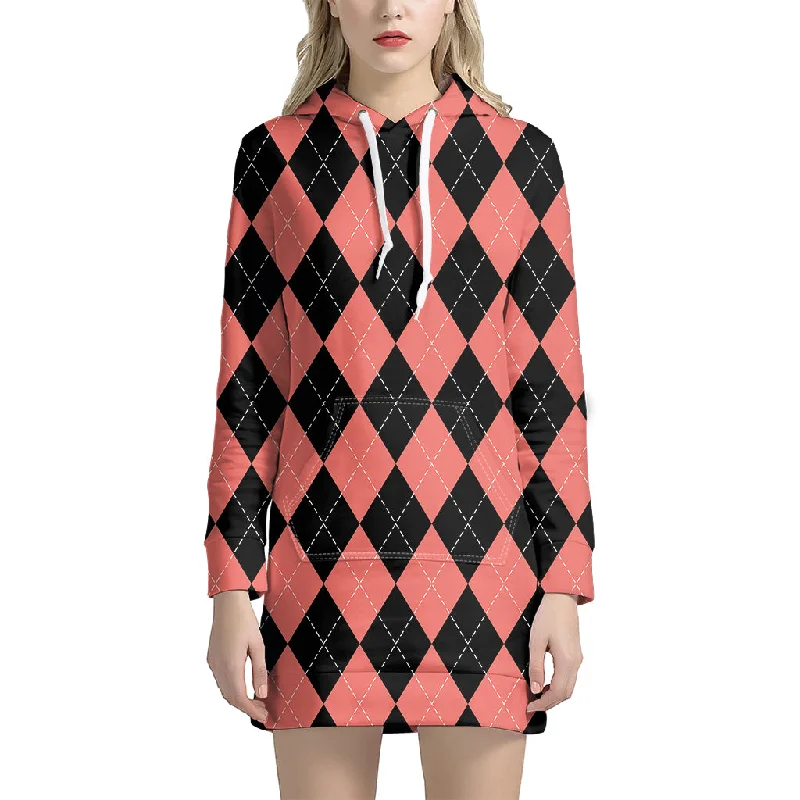 Black And Coral Argyle Pattern Print Pullover Hoodie Dress
