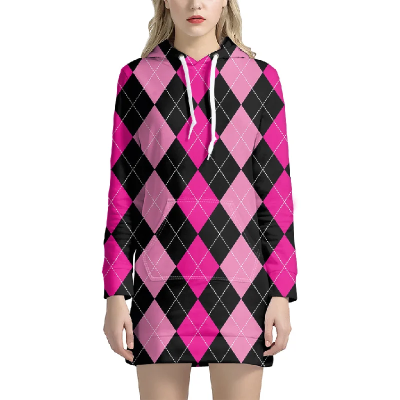 Black And Deep Pink Argyle Pattern Print Pullover Hoodie Dress