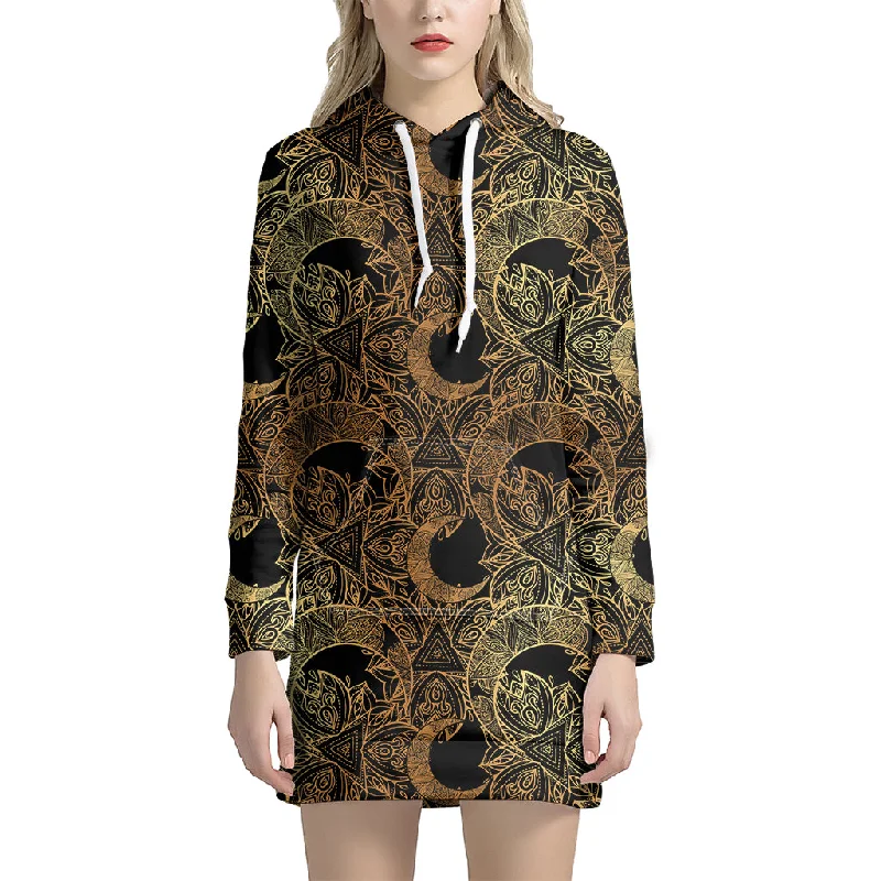 Black And Gold Celestial Pattern Print Pullover Hoodie Dress