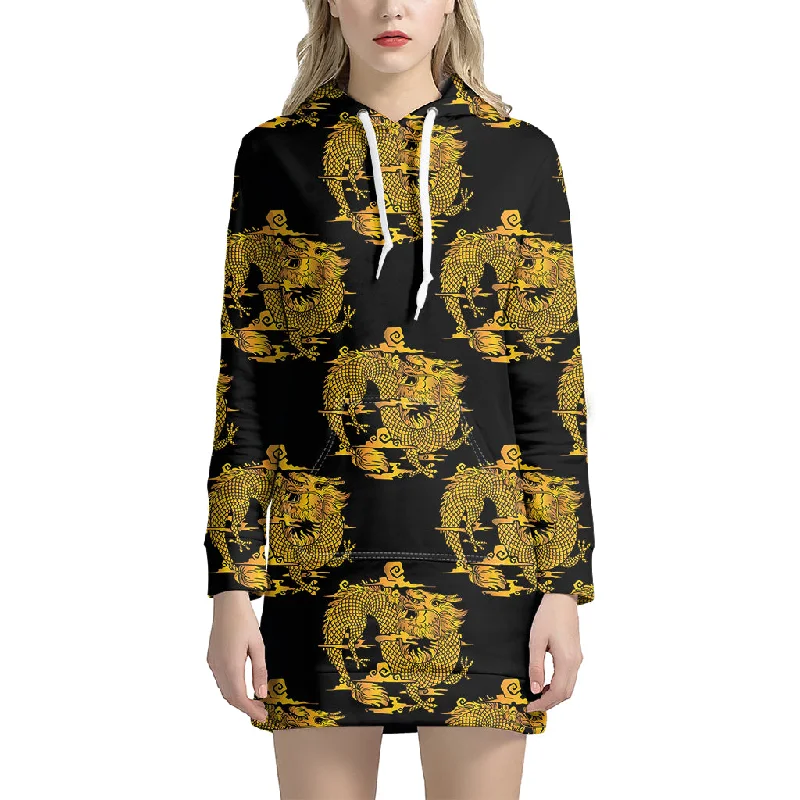 Black And Gold Dragon Pattern Print Pullover Hoodie Dress