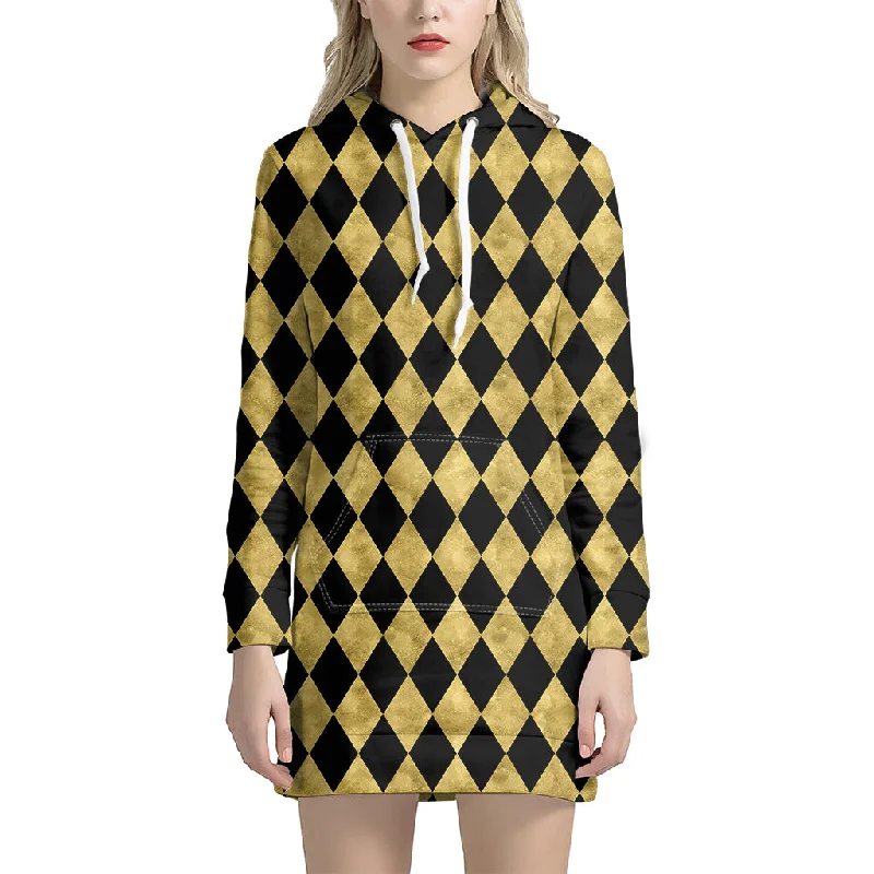 Black And Gold Harlequin Pattern Print Pullover Hoodie Dress