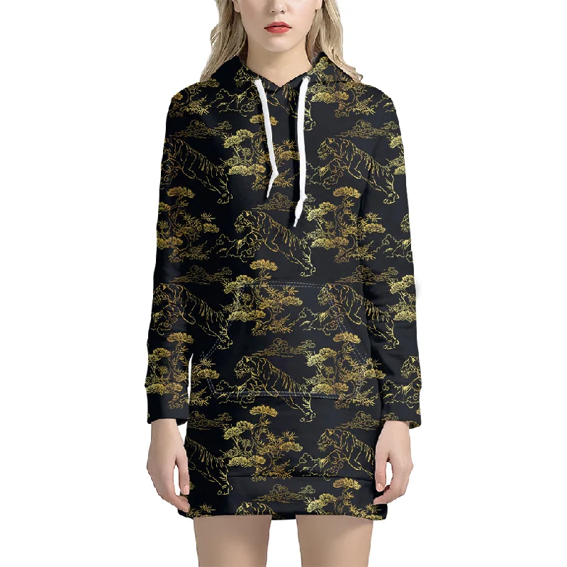 Black And Gold Japanese Tiger Print Pullover Hoodie Dress