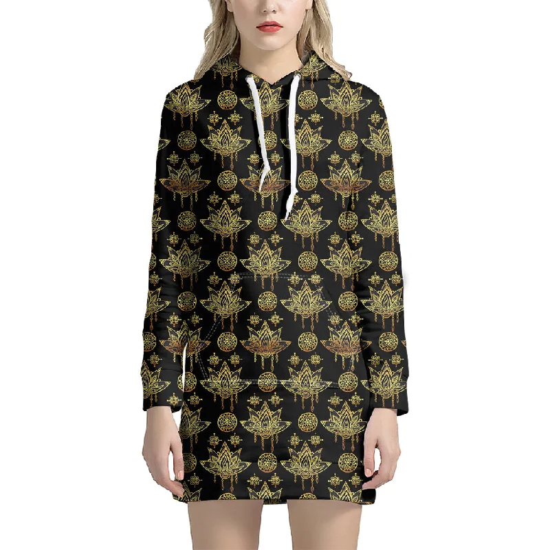 Black And Gold Lotus Flower Print Pullover Hoodie Dress