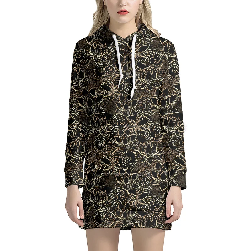 Black And Gold Lotus Pattern Print Pullover Hoodie Dress
