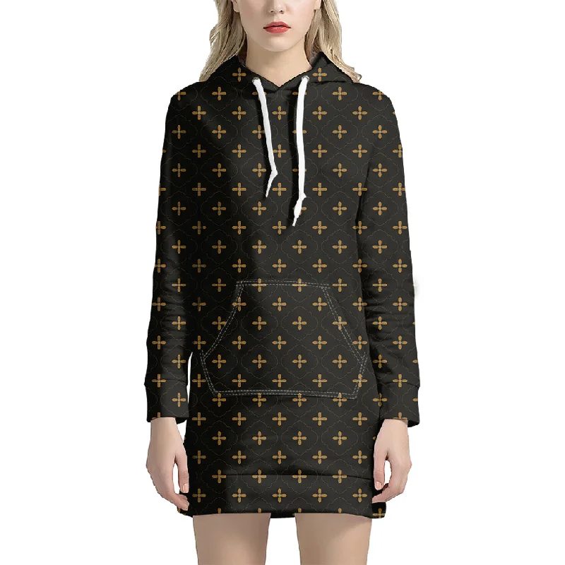 Black And Gold Orthodox Pattern Print Pullover Hoodie Dress
