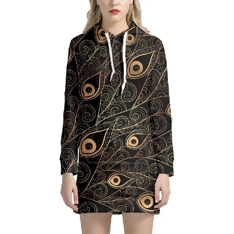 Black And Gold Peacock Feather Print Pullover Hoodie Dress