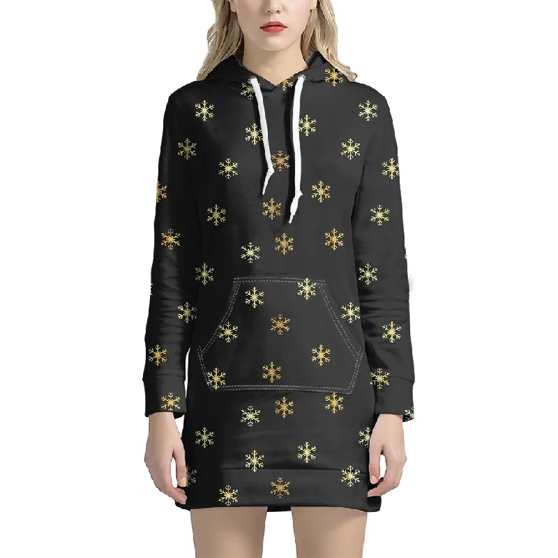 Black And Gold Snowflake Pattern Print Pullover Hoodie Dress