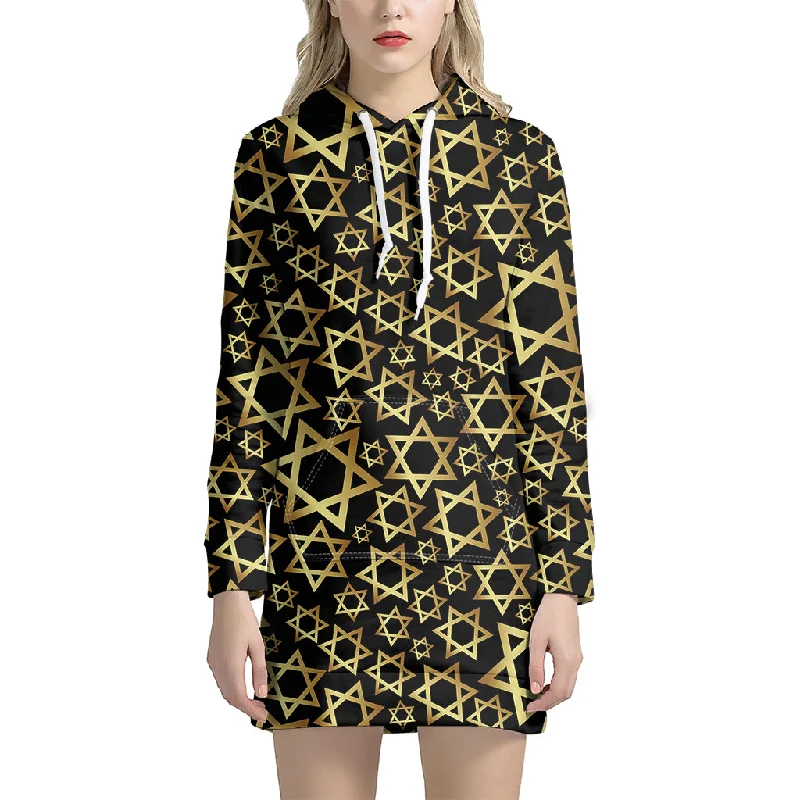 Black And Gold Star of David Print Pullover Hoodie Dress