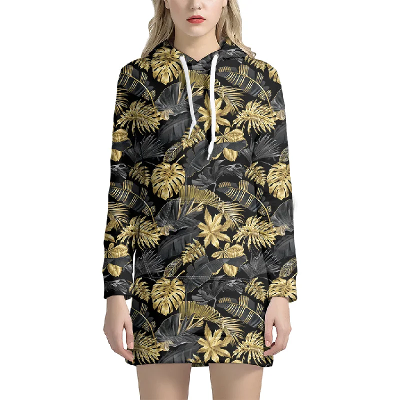 Black And Gold Tropical Pattern Print Pullover Hoodie Dress