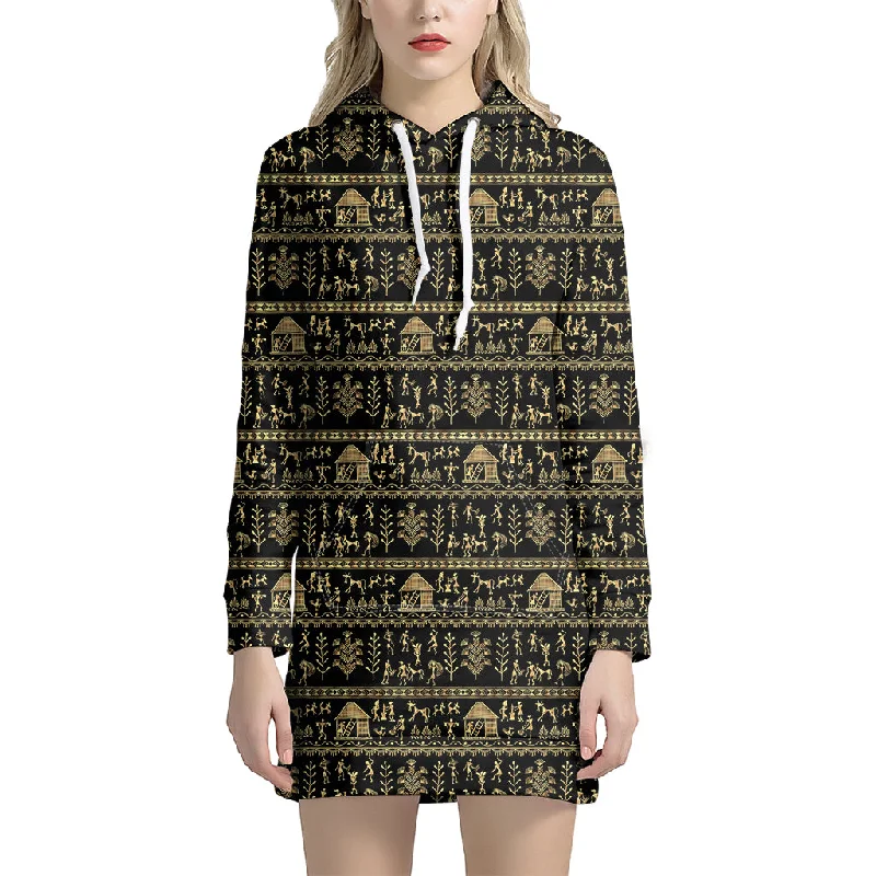 Black And Gold Warli Pattern Print Pullover Hoodie Dress
