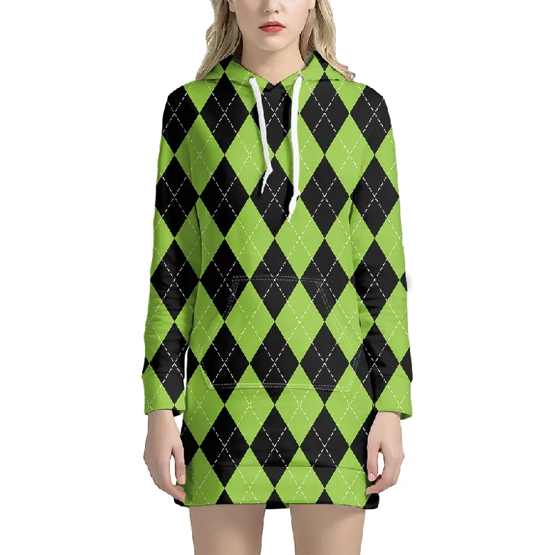 Black And Green Argyle Pattern Print Pullover Hoodie Dress
