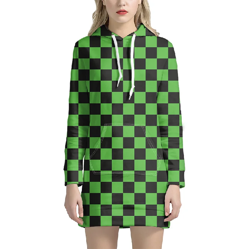Black And Green Checkered Print Pullover Hoodie Dress